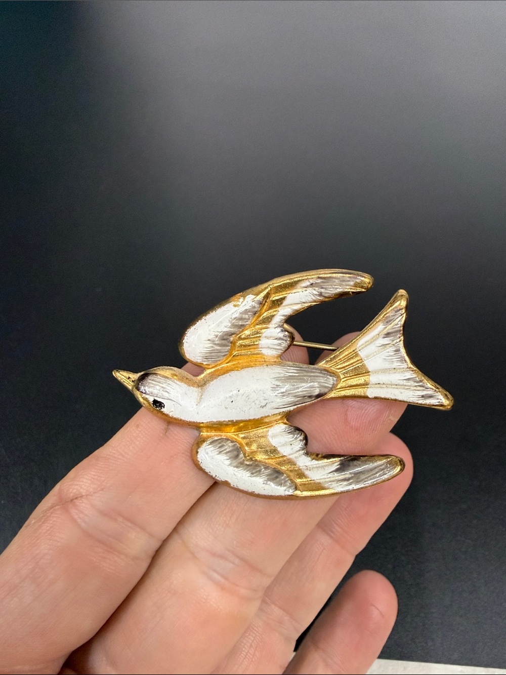 Coro Gold and White Enamel Bird Brooch